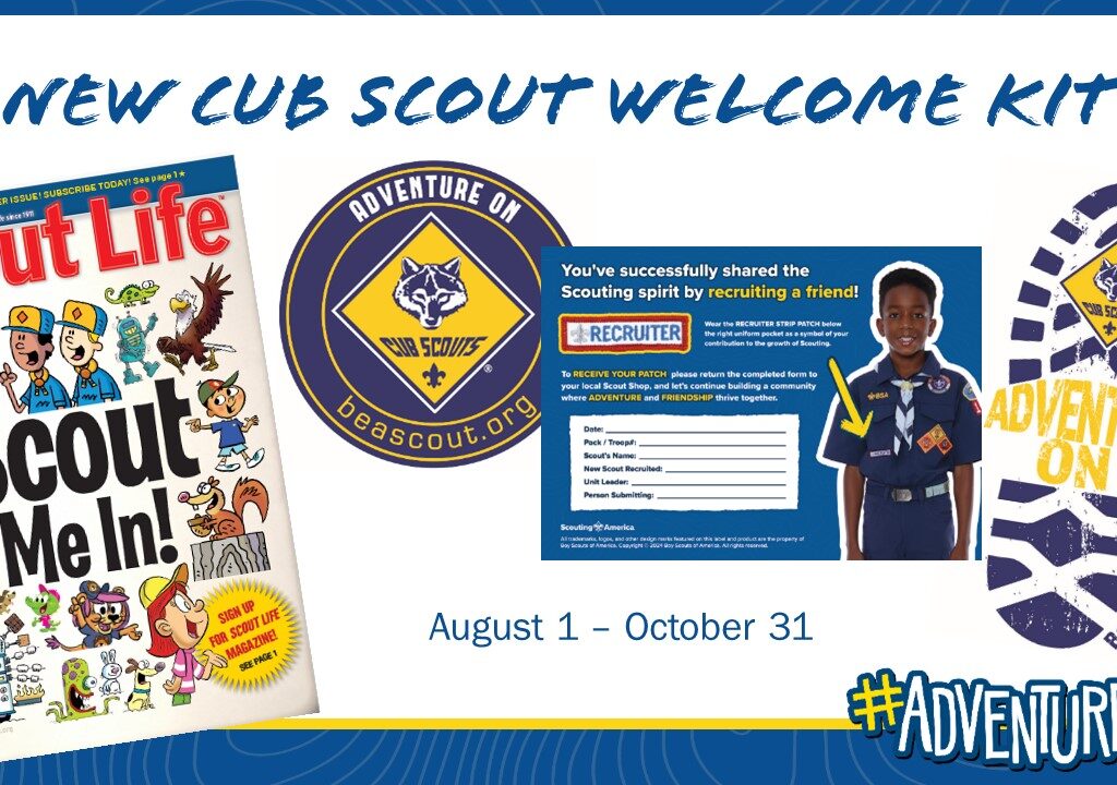 A slide image for a New Cub Scout Welcome Kit that includes images of a Scout Life Mini Magazine, 4" Car Magnet, Water Bottle Sticker, and Recruiter Strip promotion. States this runs August 1-October 31